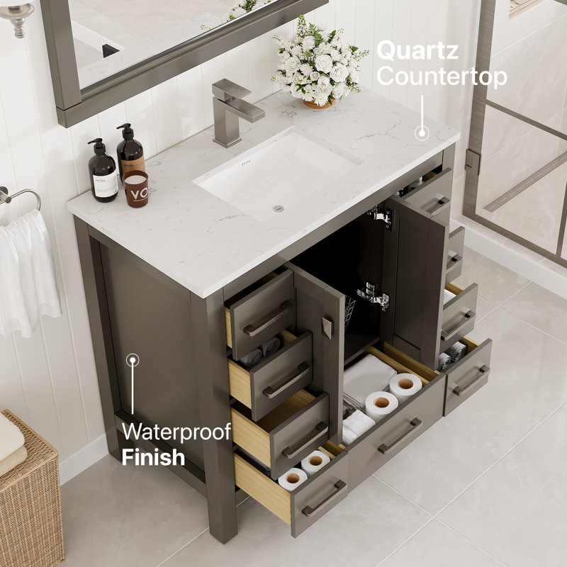 Lark Manor™ Ethyn 36"W X 18"D Dark Grey Bathroom Vanity With White Carrara Quartz Countertop And Undermount Porcelain Sink