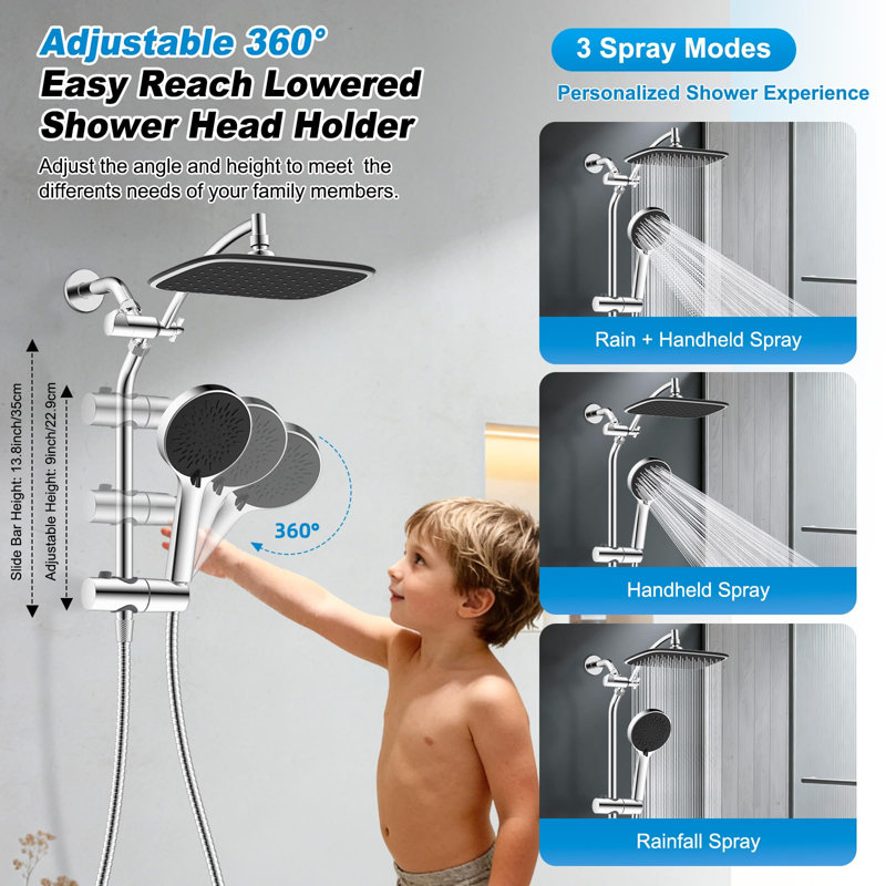 10" Black Rain Shower Head with Handheld, High Pressure, Chrome