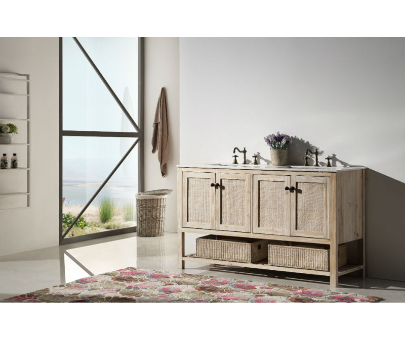 60'' White Wash Fir Wood Double Bathroom Vanity with Marble Top