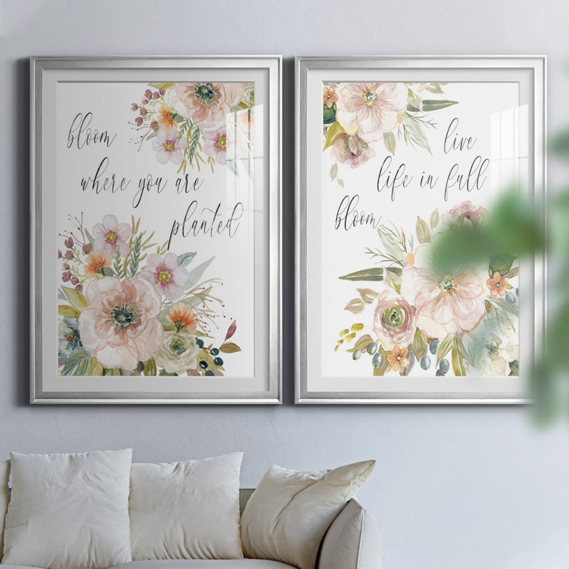 «Peach Bloom I», ensemble de 2 impressions, Papier avec cadre argenté, Blanc, H 26,5 po x l 73 po x P 1,5 po