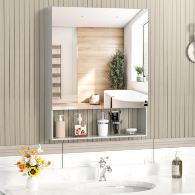 Armoire de toilette murale 30 po x 24 po, cadre en aluminium, finition argentée, tablettes réglables, alliage de haute qualité, usure, formaldéhyde corrosif, charnières silencieuses, rangement à 3 couches de profondeur