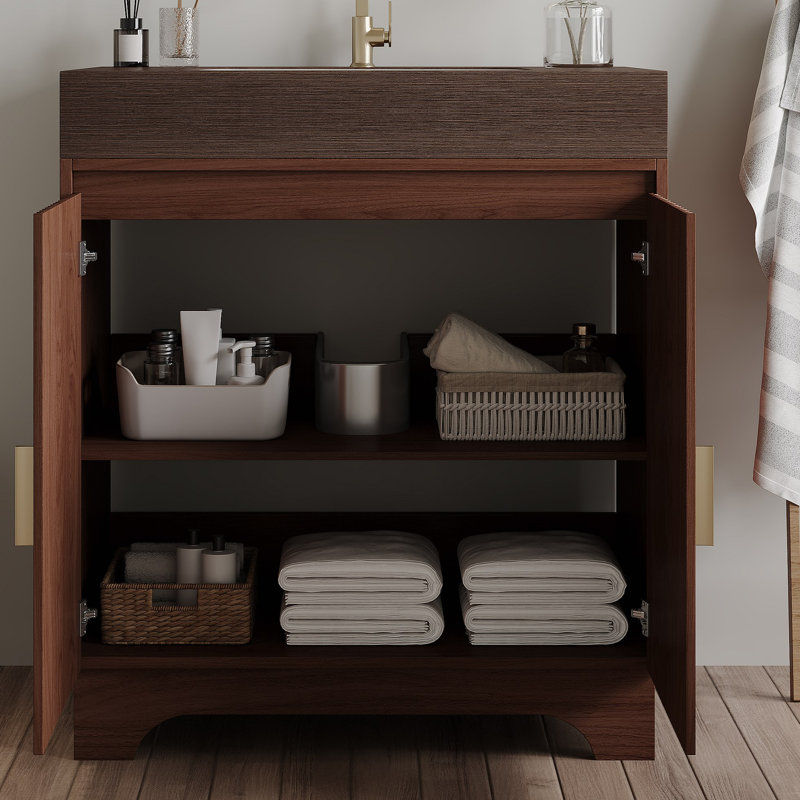 Meuble-lavabo à poser en pierre frittée 30 po avec évier en céramique, Brun