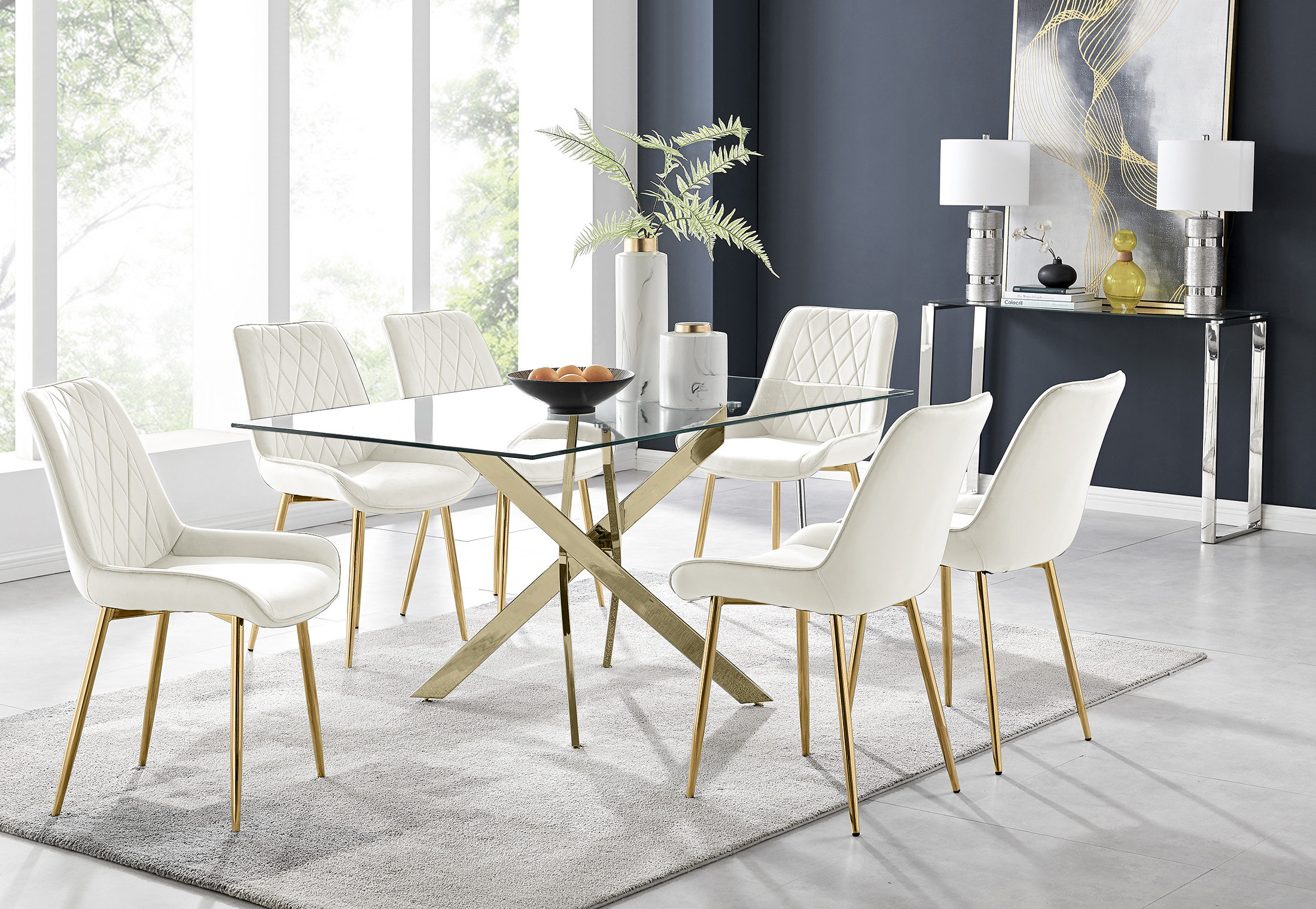 East Urban Home Lenworth Modern Gold Metal and Glass Dining Table Set