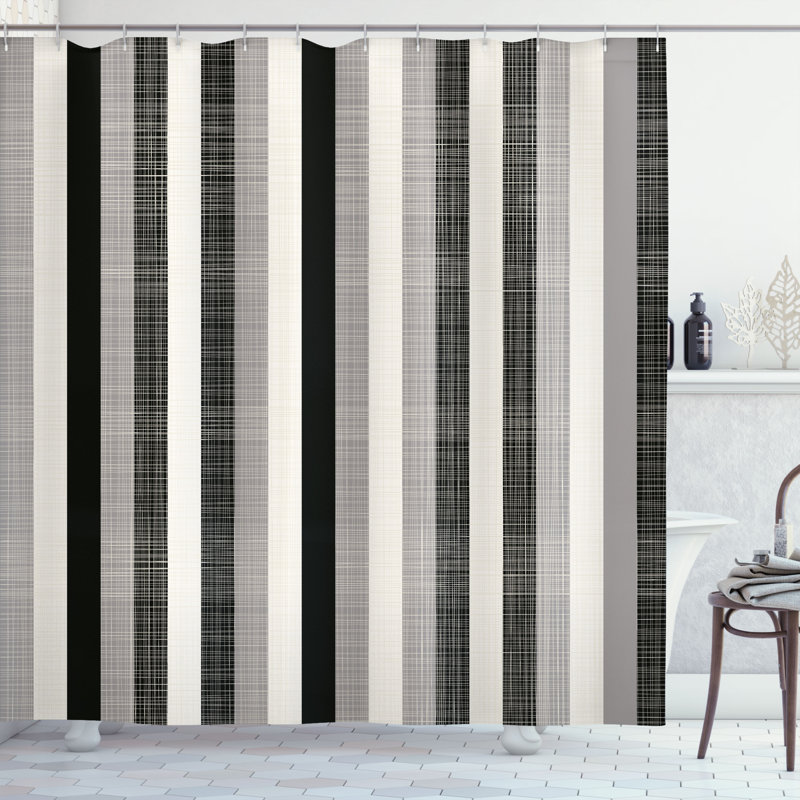 Black and Gray Striped Fabric Shower Curtain with Hooks