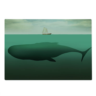 Ambesonne Fantasy Cutting Board Large Size Giant Whale Sailboat Green Beige