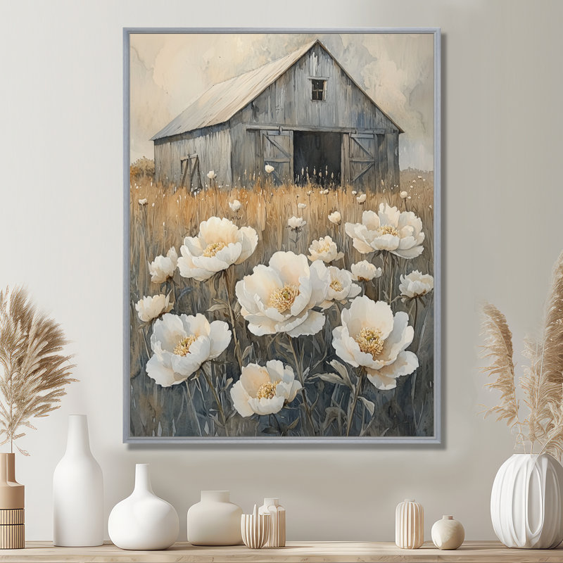 Donvan, pivoines par Milking Barn I - pivoines, art mural, H 20 po x l 12 po, Reproduction avec cadre flottant, Argent argent