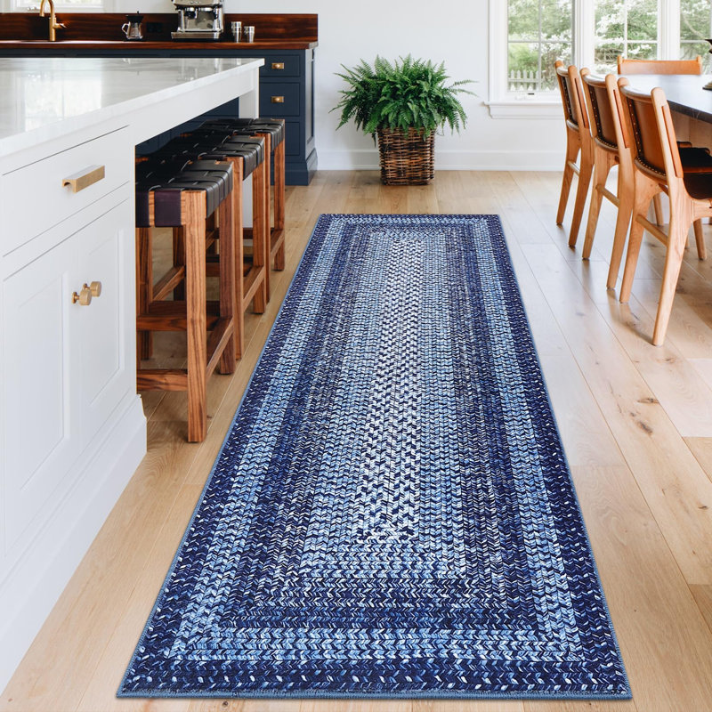 Tapis lavables à rayures pour couloir, salle à manger et salon, Navy, Rectangle 10' x 13'