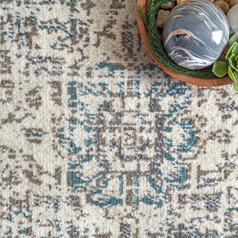Tapis crème à médaillon oriental tissé à la machine Ethelinde, Tapis de couloir 2 pi 6 po x 6 pi