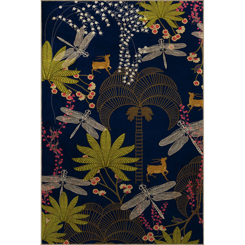 Tapis bleu marine à motif floral et cerf multicolore, Sous-tapis rectangulaire de 3 pi 3 po x 4 pi 11 po