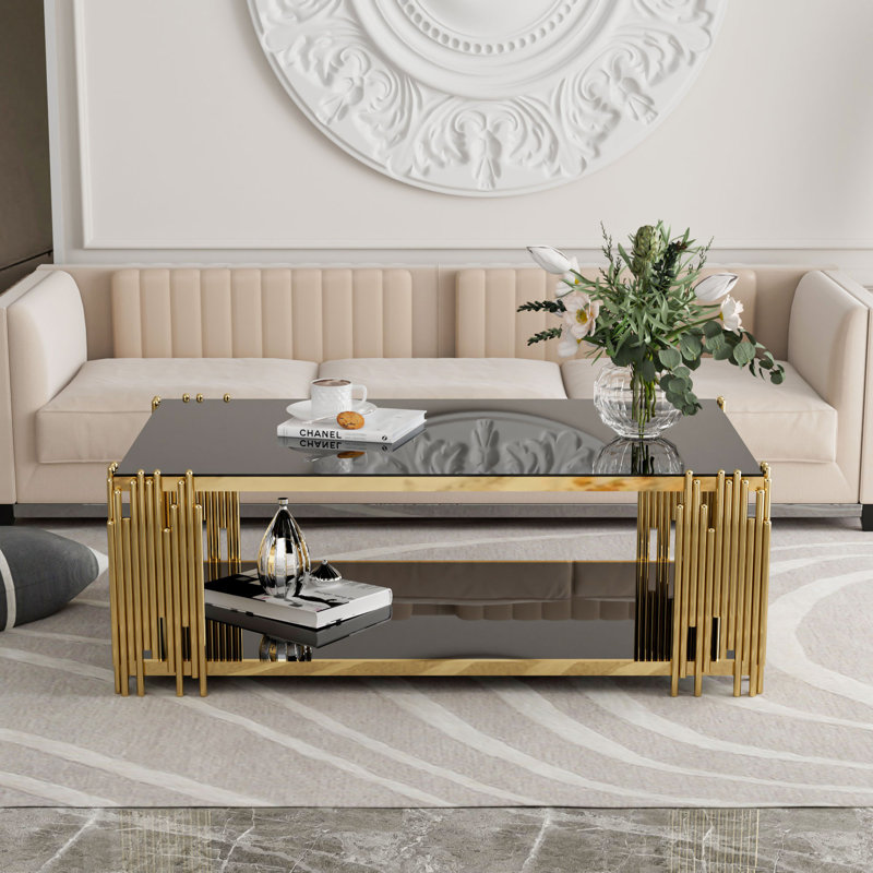  Kiane 51" L x 27.5" W 2-Tier Rectangle Black Tempered Glass Top Coffee Table, Deluxe Gold Stainless Legs Sofa Table, Black