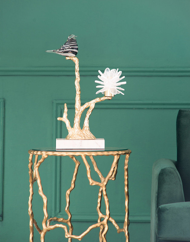 Porte-bougie centre de table inspiré de la nature - Oiseau doré 15 po sur branche avec base en marbre noir pour décor de maison de campagne printanière