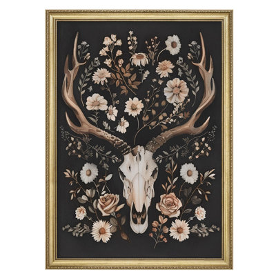 Floral Skull Bohemian Antler Skull with Wildflowers Impressionism Gold Framed Wall Art Decoration
