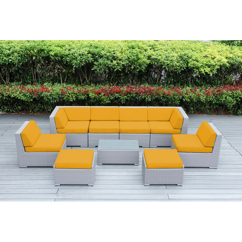 Ensemble de conversation en osier pour 8 personnes avec coussins - aucun assemblage, Toile Sunbrella® jaune tournesol, Gris