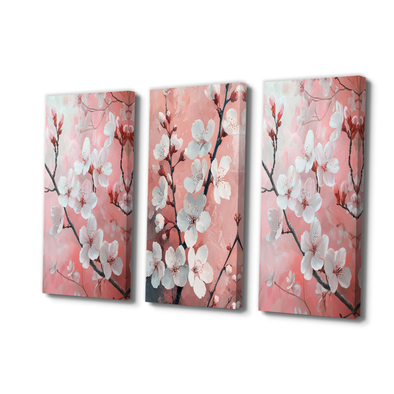«Moment In Springtime Cherry Blossom I», ensemble de 3 fleurs de cerisier, H 32 po x l 48 po, Toile tendue, Ne s’applique pas