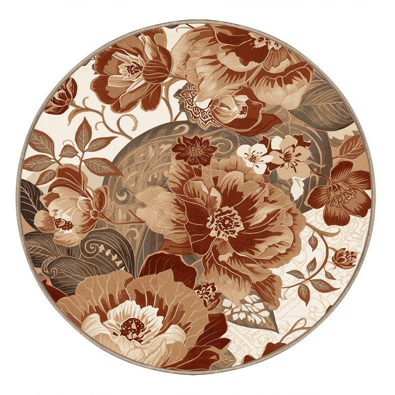 Tapis oriental décoratif brun et beige lavable à la machine Pauleth, Rond 3 pi
