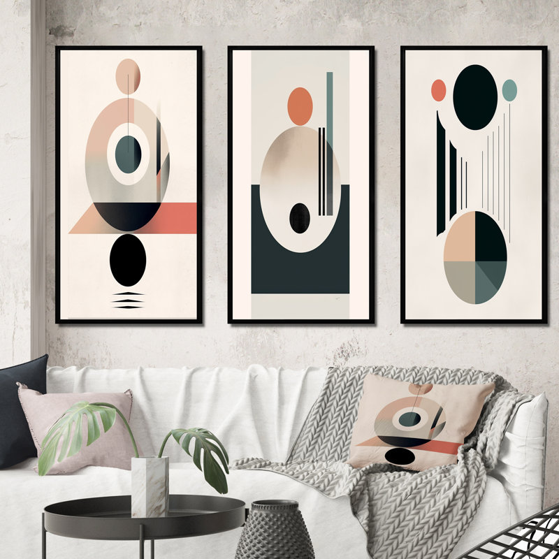 «Lovely Moon Rhythms», ensemble de 3 décorations murales transitionnelles abstraites et minimalistes, Cadre noir