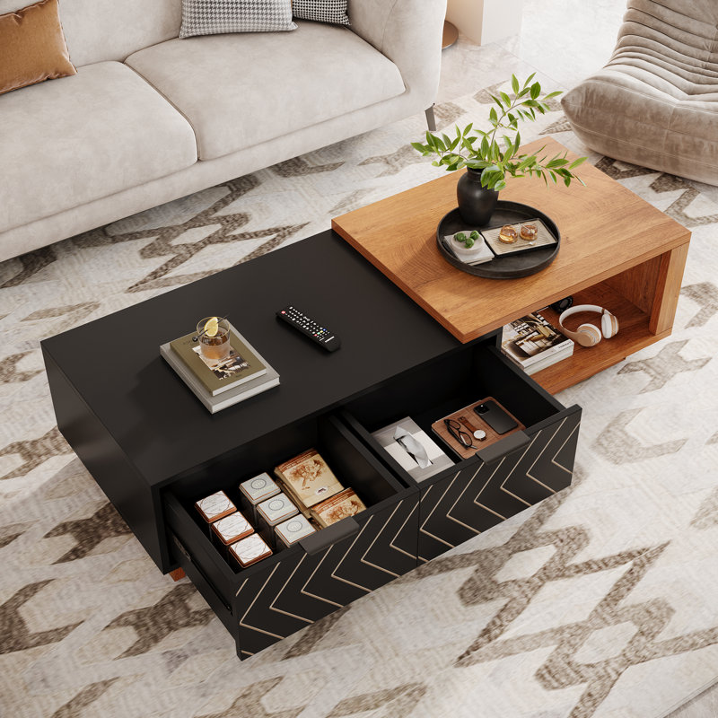Table basse extensible avec 2 tiroirs de rangement, table centrale bicolore avec plateau coulissant, Brun clair/noir