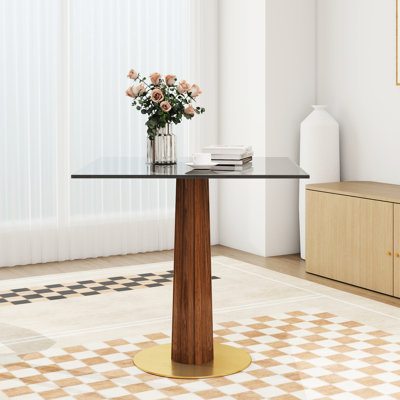 Table de salle à manger moderne en verre trempé de 33,5 po avec pieds en bois et base dorée pour les espaces de thé pour 2 personnes, réunions de bureau à structure solide et peu encombrantes, design épuré
