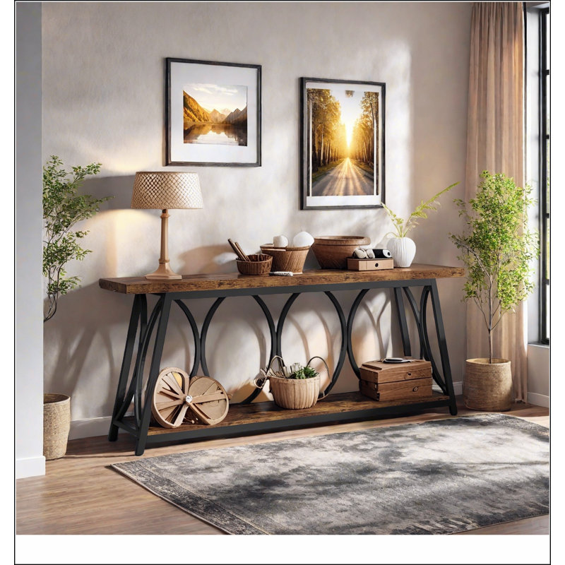 70.9” Extra Long Industrial Console Table, Narrow Sofa Table Behind Couch with 2-Tier Storage Shelves, Entryway & Hallway Accent Table for Living Room