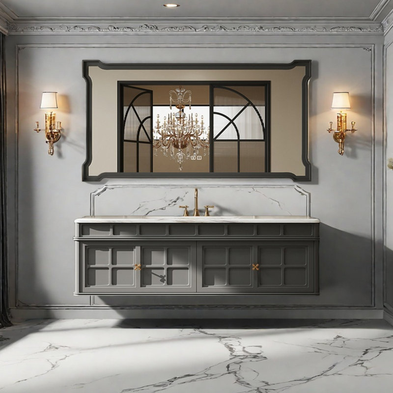 French retro bathroom cabinet, 19.6" H x 59" W x 21.6" D