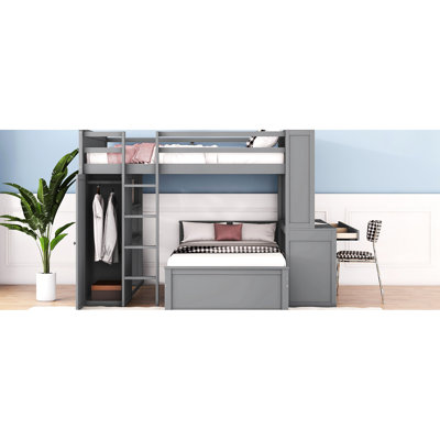 Lit mezzanine double avec lit simple, tablettes grises, bureau, armoire pour système d'organisation de chambre à coucher - gris. Améliorez votre espace. Fabrication. L 78,7 po x H 65 po x l 94,8 po. Sans sommier