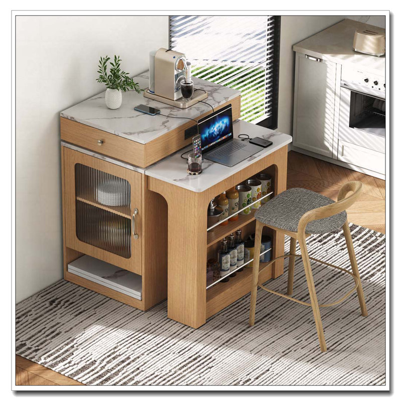 Îlot de cuisine 59,5 po avec table de salle à manger extensible, table de rangement de cuisine avec rangement double-face, îlot de cuisine avec 2 tiroirs, prise de courant, tablettes latérales ouvertes, pour la cuisine