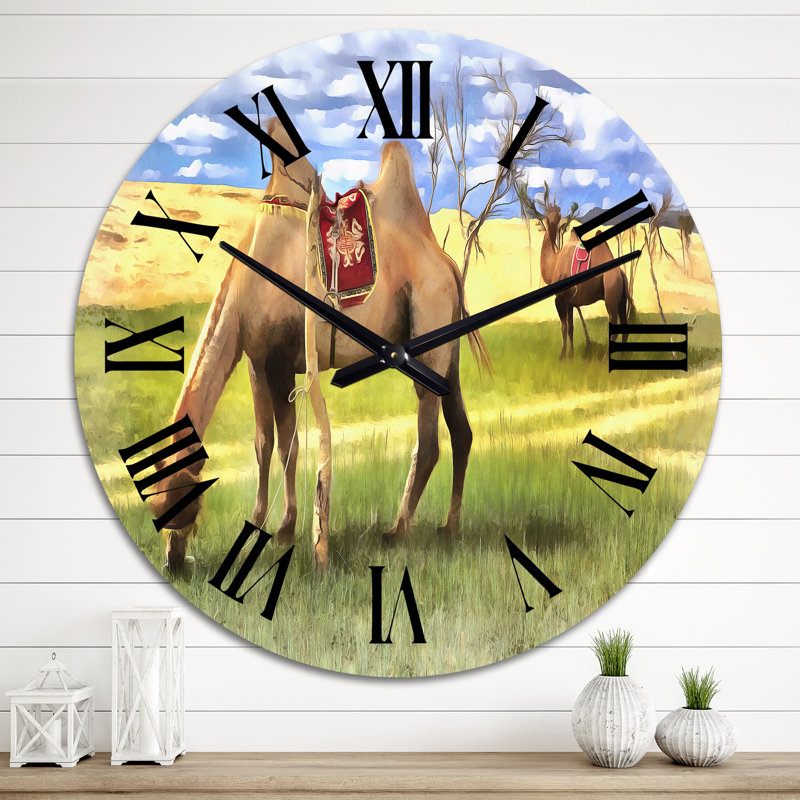 Chameaux broutant dans l'herbe - horloge murale, Grand