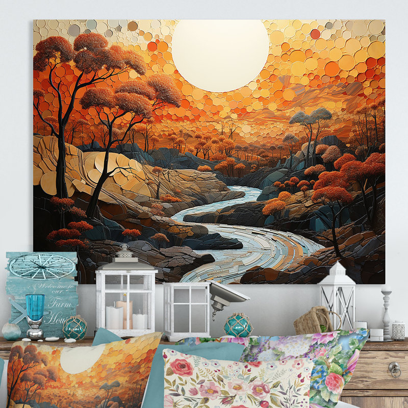 Orange coucher de soleil orange, paysage abstrait, art mural en métal Stream I - Paysage abstrait en métal, art mural