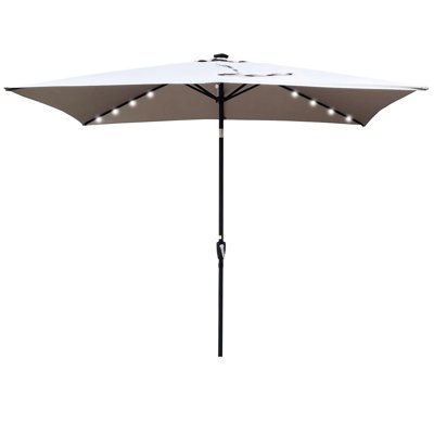 Rectangular Patio Umbrella 10x6.5ft. Solar-powered . Steel Frame. Wind Vent. Canopy To Weather. Black Pole. Medium Grey. For Garden Area 10ft X 6.5ft With Solar Lights. Waterproof Canopy. Easy