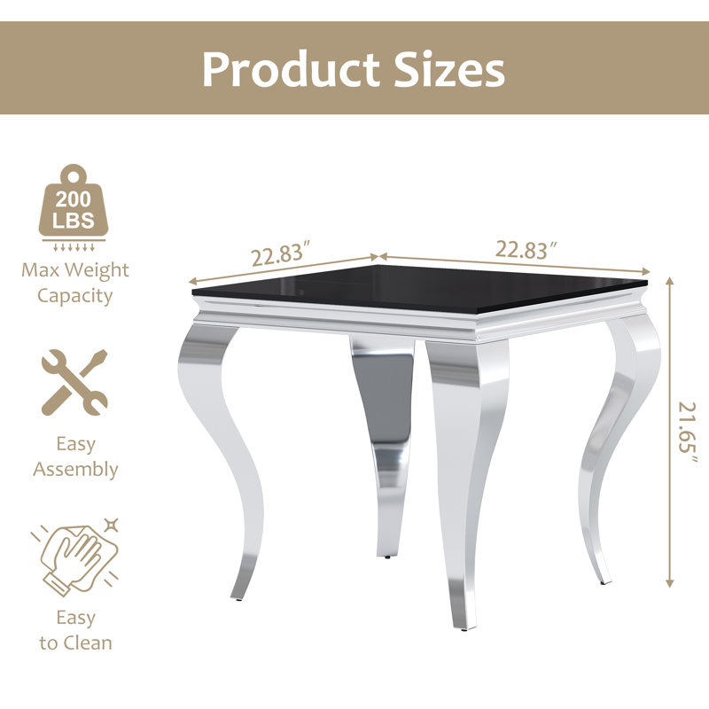 Ensemble de 2 tables de bout en verre trempé noir, pieds en acier inoxydable poli miroir, tables d'appoint modernes et compactes