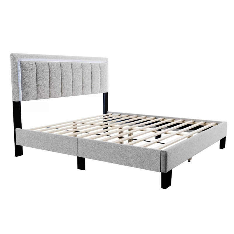 Lit double Jiana, revêtement en laine gris clair, tête de lit à DEL, Noir / gris clair
