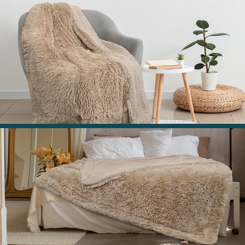 Taupe Reversible Faux Fur and Sherpa Throw Blanket, 50x60 Inches