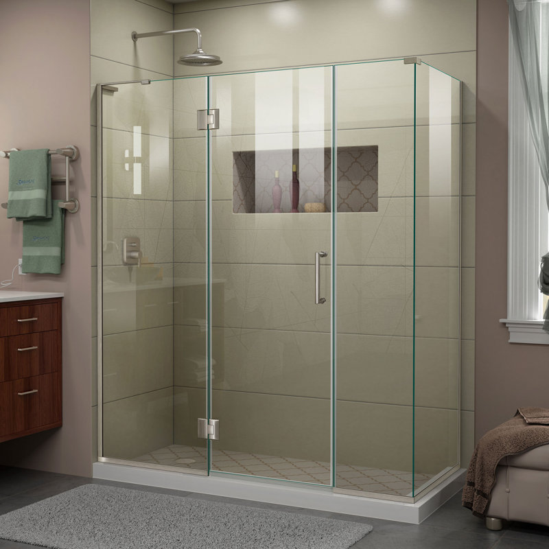 Unidoor-X 64" x 72" Rectangle Hinged Shower Enclosure, Brushed Nickel, Left Opening