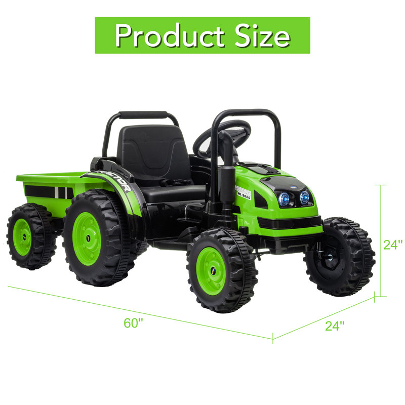 Tracteur 12 V pour enfants avec remorque, deux moteurs, télécommande, musique et lumières DEL, Vert