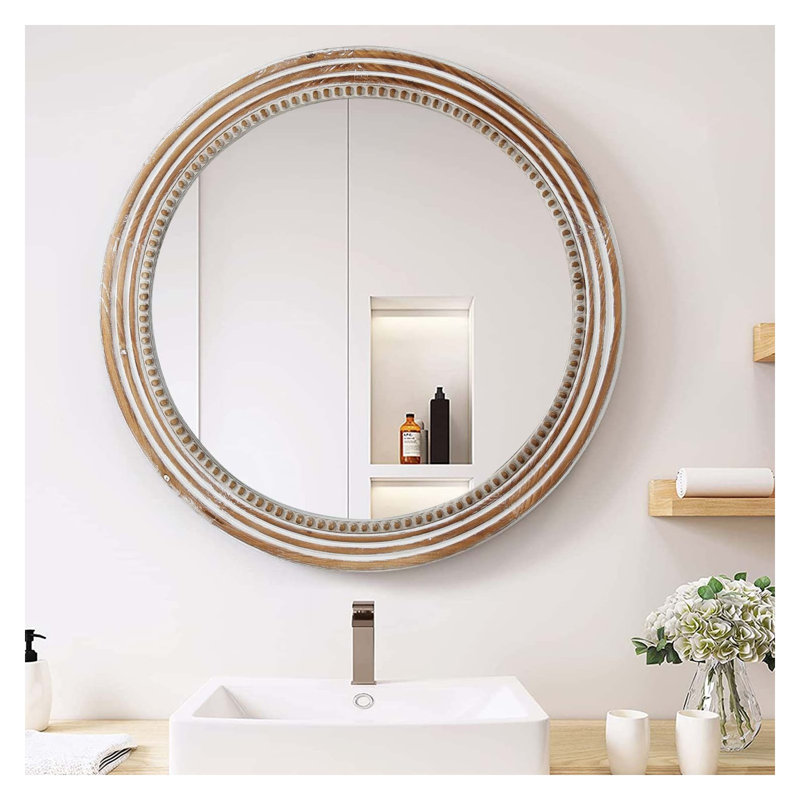 Miroir mural rustique rond de 70 cm (27,56 pouces), cadre en bois blanc antique orné de perles, idéal pour une décoration de style campagnard.