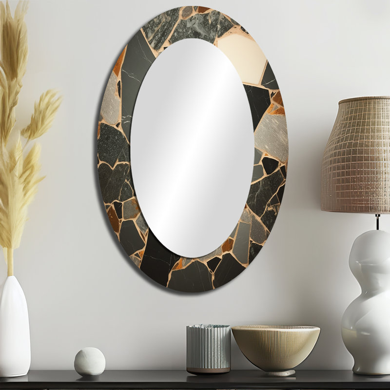 Grey Abstract Harmony In Tiles III - Large Oval Wall Mirror On Metal, 36" x 24"
