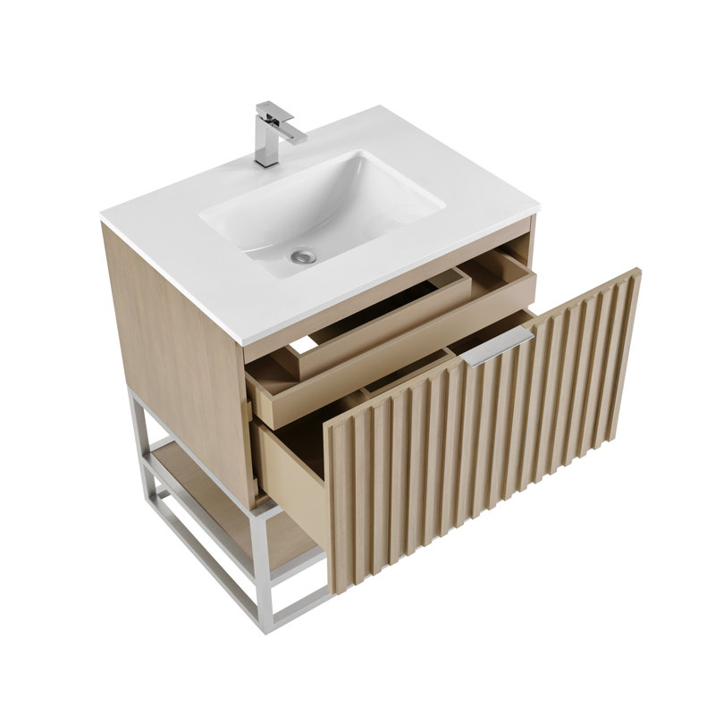 Terra 30'' Single Bathroom Vanity with Top, Walnut, White Quartz/Single Faucet Mount, Brushed Nickel