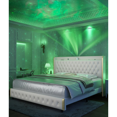 Modern Upholstered Bed Frame With Crystal Button Headboard And LED Starry Night Light, No Box Spring Needed