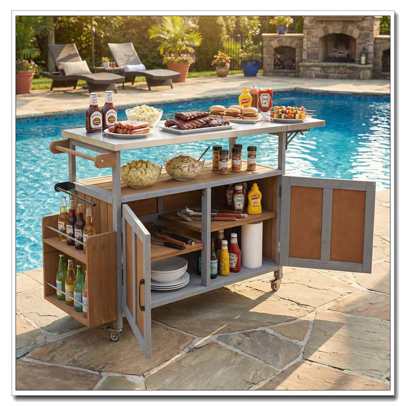 Îlot de cuisine pliable pour l'extérieur avec chariot verrouillable, Espresso, gris