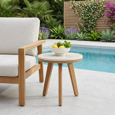 Table d'appoint ronde d'extérieur 16 po beige et pierre naturelle et bois massif