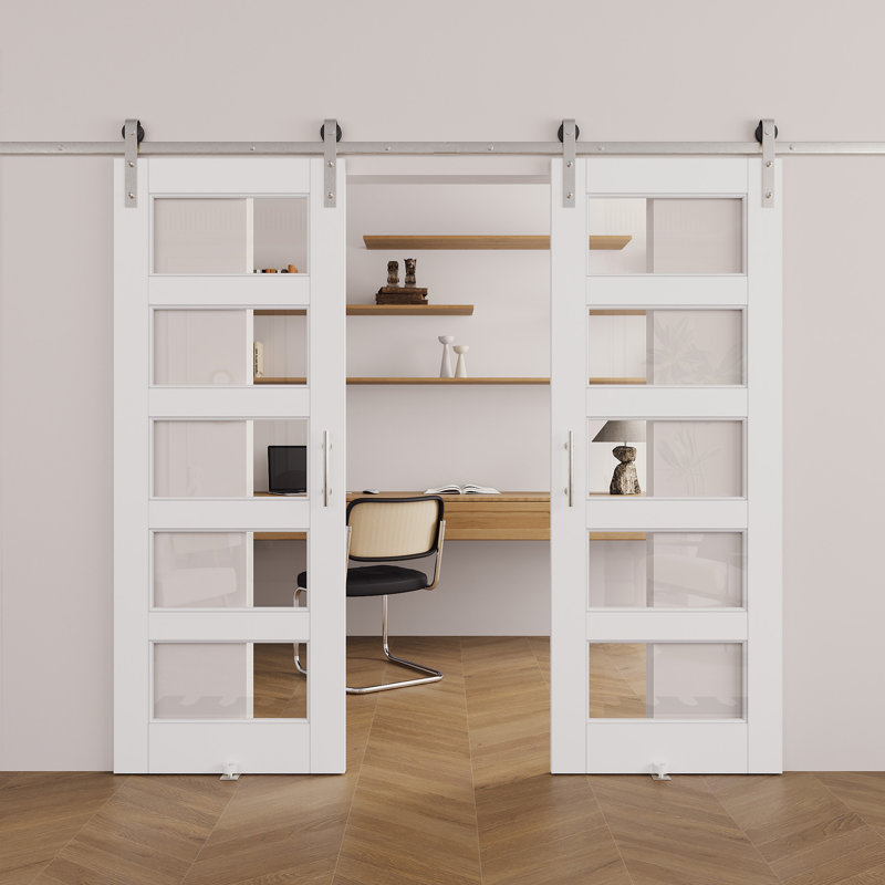 Porte de grange coulissante en verre transparent blanc apprêté 5-Lite avec trousse de quincaillerie d'installation / aucun assemblage requis