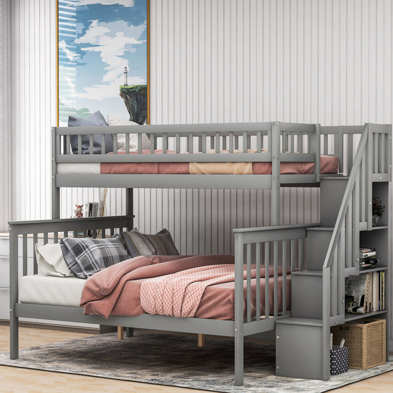 Lit superposé simple / double avec escalier gris Spark, bois de pin et avec tablettes latérales pour le rangement, peut être divisé en deux unités séparées