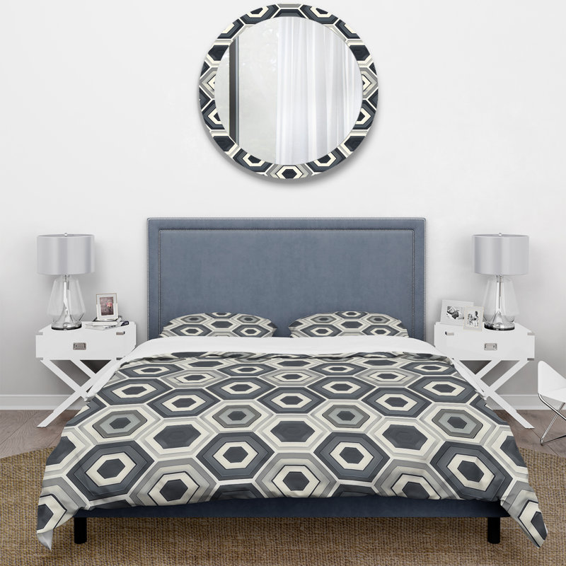 Ensemble de housse de couette traditionnelle à motif hexagonal gris, Housse de couette très grand + 2 très grandes ta