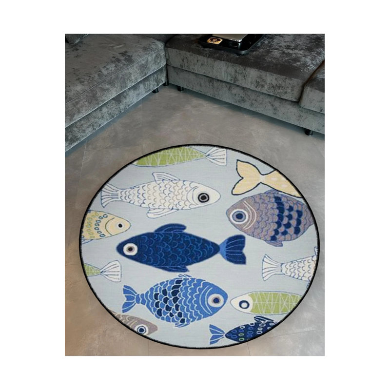 Fish Woven Base Modern Decorative Carpet In Blue Tones, Round 3'4"