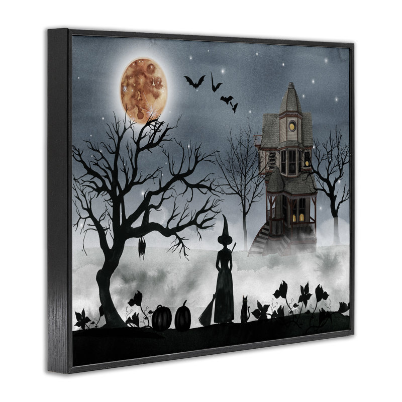 «Halloween Witch Silhouette in Full Moon Haunted House Scene», impression, H 16 po x l 20 po, Giclée encadrée noir minuit