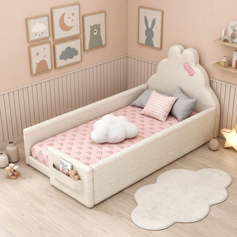 Lit de sol rembourré avec barrières de sécurité et poche de rangement, Lit simple, Beige