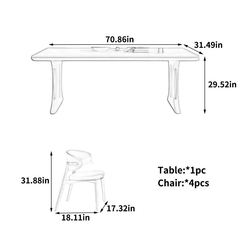 Table de salle à manger élégante et sophistiquée, 5 pièces: table, 4 chaises, H 29,52 po x l 70,86 po x P 31,49 po