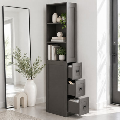 Armoire de rangement haute et mince avec tablettes réglables, tour de lin autoportante avec tiroirs et conception anti-basculement pour petits espaces