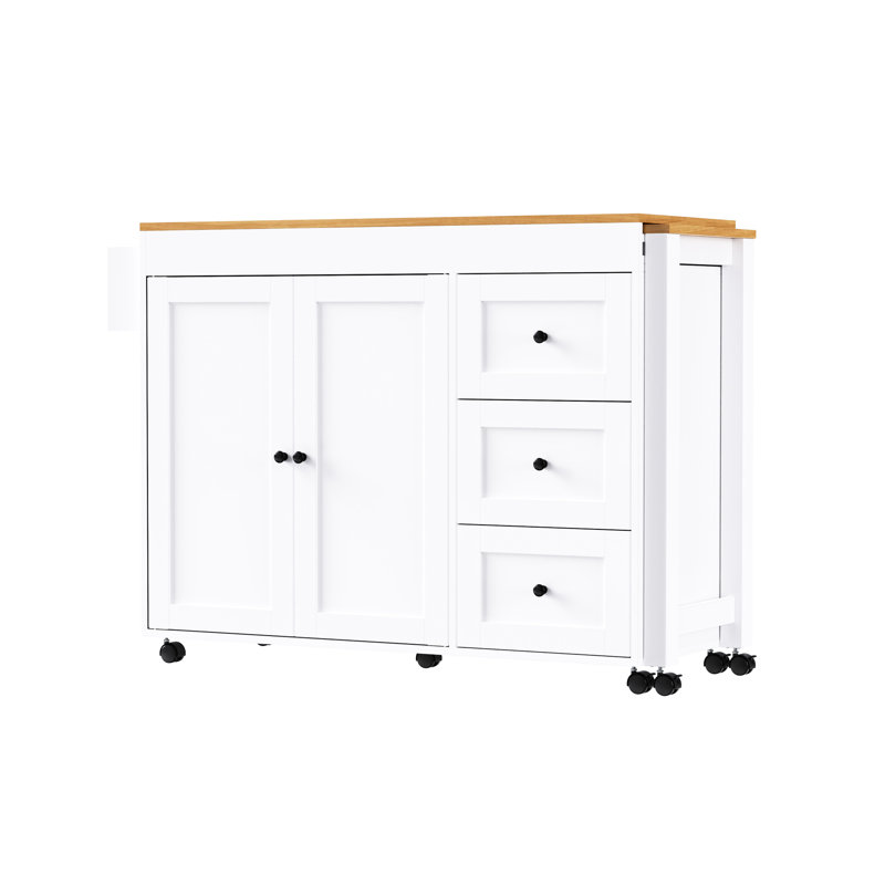 74.8" Kitchen Island With 27.6" Extendable Dining Area For 2, 3 Drawers, Built - In Power Outlet Ac And , Side Spice Rack, 2 Barn Doors, 7 Lockable Universal Wheels, White, Stable Expandable Surface,