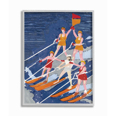Retro Waterski Team Aerobic Pyramid Watercolor Painting Gray Farmhouse Rustic Oversized Framed Giclee Texturized Art by Stellar Design Studio